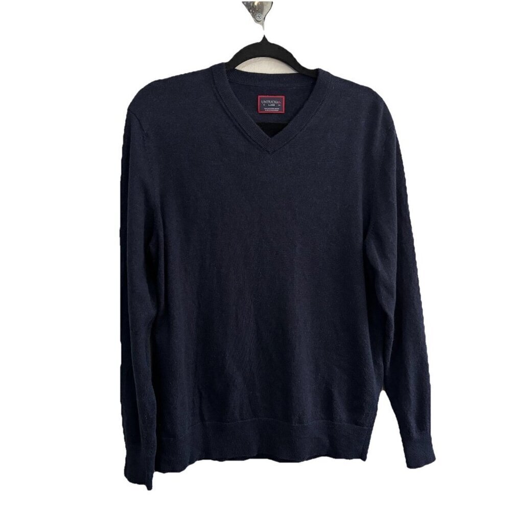 Untuckit V Neck Navy Blue Extra Fine Merino Wool Sweater Size Large